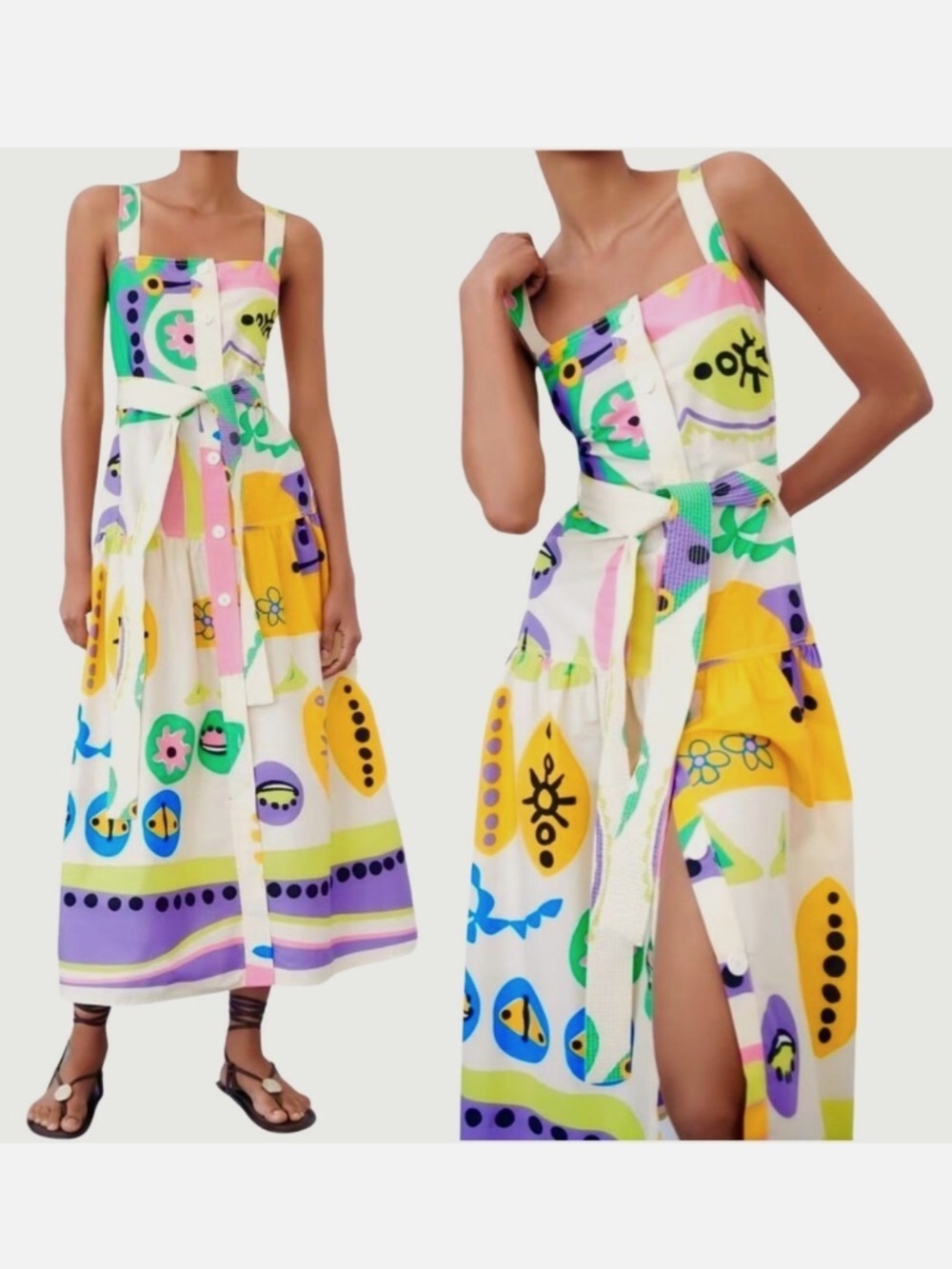 Zara Printed Colourful Button Front Midi Dress L - Picture 9 of 15